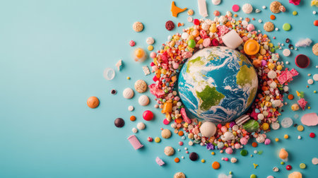 An artistic representation of a globe surrounded by an array of colorful candy and sweets, creating a vibrant and festive visual.の素材