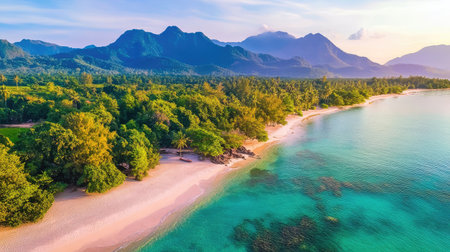 A breathtaking view of a serene tropical beach featuring clear turquoise water, soft sand, and lush green mountains under a colorful sunset.の素材
