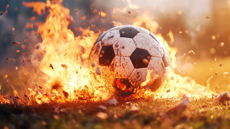 A striking image of a soccer ball engulfed in flames showcases the intensity and excitement of outdoor sports, highlighting passion and energy.の素材