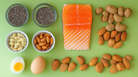A visually appealing arrangement of a fresh salmon fillet surrounded by nutritious snacks like almonds, chia seeds, and eggs, promoting healthy eating.の素材