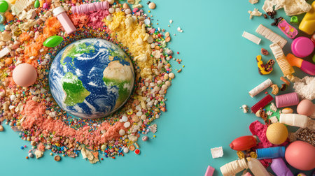 This imaginative image showcases the Earth at the center, surrounded by an assortment of colorful candies and sweets, creating a playful, whimsical scene.の素材