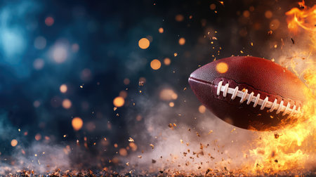 A football dramatically captured in mid-flight, surrounded by flames and glowing sparks, creating an energetic and thrilling sports atmosphere.の素材
