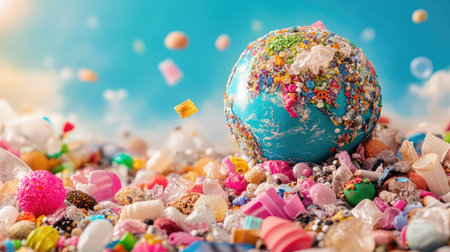 A vibrant globe stands amid a sea of colorful plastic waste, highlighting the urgent issue of environmental pollution and the need for sustainable practices.の素材