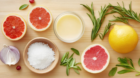 This vibrant and fresh arrangement features grapefruits, herbs, salt, and onions on a wooden table, perfect for culinary inspiration and cooking.の素材