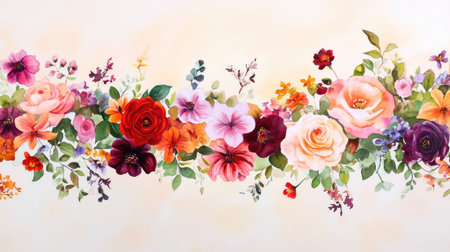 A stunning floral border featuring a variety of colorful flowers and lush greenery. This beautiful design is perfect for backgrounds, decorations, or art projects, evoking a sense of spring and freshness.の素材