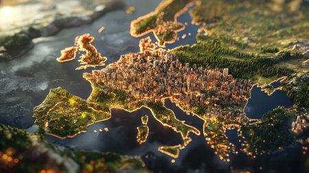 This stunning aerial view of Europe showcases vibrant urban areas intertwined with lush nature, highlighted by glowing city lights during dusk.の素材