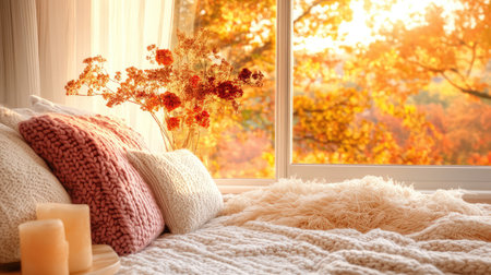 This serene autumn scene captures the warmth of daylight streaming through a window, illuminating soft textiles and floral arrangements for a relaxing vibe.の素材