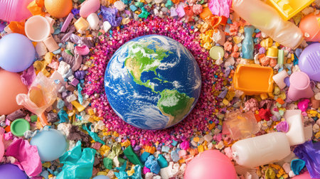 A striking image of Earth at the center surrounded by an array of colorful plastic waste, emphasizing the urgent need for environmental awareness and action.の素材