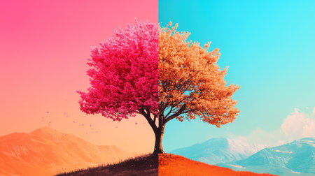 This stunning image features a vibrant landscape divided by a colorful background with a pink tree on one side and a golden one on the other, capturing the beauty of nature's seasons.の素材