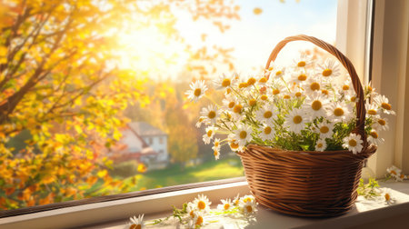 A charming basket filled with fresh daisies sits on a bright window sill, illuminated by warm sunlight. Golden autumn leaves create a cozy atmosphere.の素材