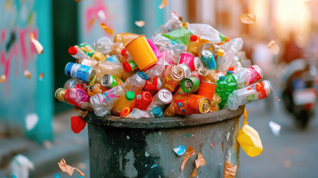A vibrant, overflowing trash can filled with assorted plastic bottles and containers, highlighting urban waste challenges and the importance of recycling.の素材