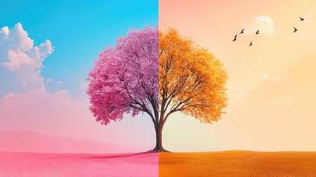 This captivating image features a stunning split scene with a pink tree on one side and an orange tree on the other, set against a serene sky.の素材