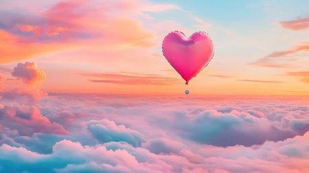 A stunning heart-shaped balloon gracefully floats above a sea of colorful clouds at sunset, creating a vibrant and romantic scene perfect for dreamers.の素材