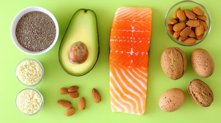 A vibrant composition of nutrient-rich foods including salmon, avocado, almonds, seeds, and eggs on a fresh green backdrop, perfect for health enthusiasts.の素材