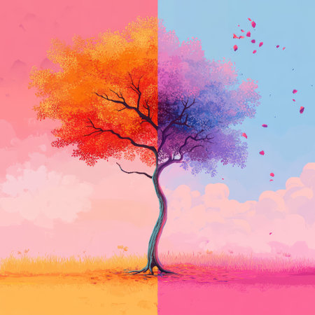 This stunning artwork features a vibrant tree displaying a beautiful blend of autumn colors, showcasing a striking contrast against a serene sky.の素材