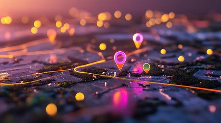 A captivating digital representation of a city map with vibrant location pins glowing against a blurred urban backdrop at sunset.の素材