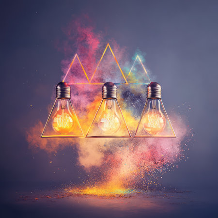 This imaginative stock photo features light bulbs surrounded by colorful smoke and geometric shapes, creating a vibrant and modern artistic composition.の素材