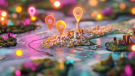 A vibrant digital map featuring location pins and a stylized cityscape, ideal for modern travel planning. Perfect for visualizing urban adventures and navigation.の素材