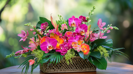 This stunning tropical flower arrangement features a vibrant mix of orchids and greenery, beautifully presented in a decorative basket. Ideal for enhancing any setting, this piece adds a touch of elegance and natural beauty to your space.の素材