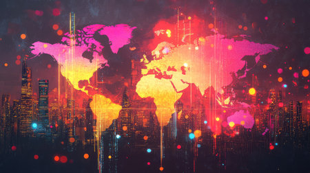 This vibrant abstract representation features a world map adorned with colorful digital elements against a stunning city skyline backdrop, illustrating global connectivity.の素材