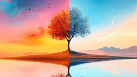 Stunning visual of a tree displaying the contrast between autumn and winter, reflected in a serene lake under a colorful sky, showcasing nature's beauty.の素材