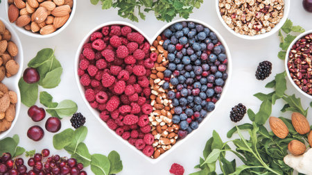 A captivating heart-shaped display featuring fresh raspberries, blueberries, almonds, and greens promotes healthy eating and vibrant living. Perfect for wellness themes.の素材