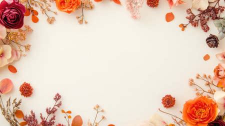 A stunning arrangement of vibrant flowers and delicate petals creates a beautiful floral frame. Ideal for creative designs, invitations, and seasonal projects.の素材