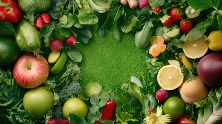 A vibrant display of assorted organic fruits and vegetables arranged in a circle, showcasing the beauty of fresh produce and promoting healthy living.の素材