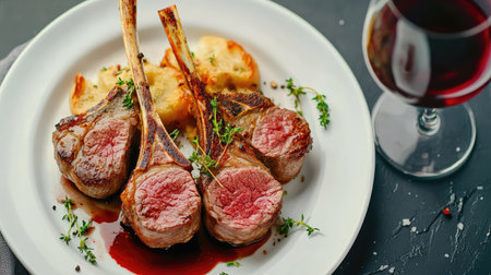 Succulent lamb chops perfectly seared, accompanied by roasted potatoes and fresh herbs, paired with a glass of rich red wine for an exquisite dining experience.の素材