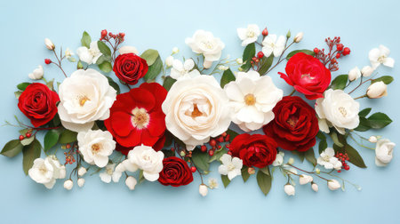 This stunning floral arrangement showcases a mix of red and white roses, delicate blossoms, and lush greenery against a soft blue background, perfect for festive occasions.の素材