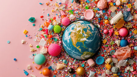 This vibrant image depicts a globe amidst a colorful array of plastic waste and debris on a pink background, highlighting the global pollution crisis.の素材
