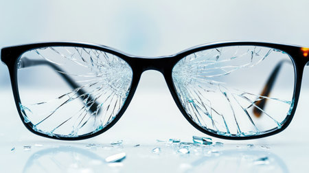 A close-up image featuring a pair of shattered glasses with cracked lenses, displaying intricate details of breakage and light reflection, symbolizing unforeseen damage.の素材