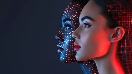 This captivating image showcases the intersection of artificial intelligence and human beauty, highlighting a profile view with dynamic lighting and digital art elements.の素材