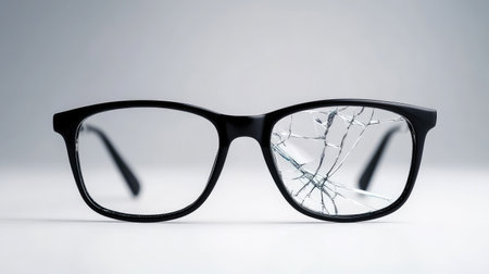 This image showcases a pair of broken glasses with a cracked lens set against a minimalist backdrop, highlighting issues related to eye care and vision.の素材