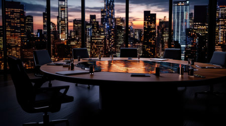 A stunning boardroom scene at sunset showcases a modern design with an impressive city skyline view, symbolizing innovation and professional elegance.の素材
