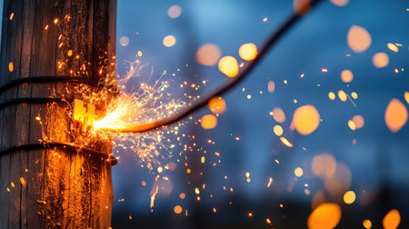Captivating close-up of an electrical wire bursting with vivid sparks on a wooden pole, set against a dramatic twilight backdrop, capturing intense energy.の素材