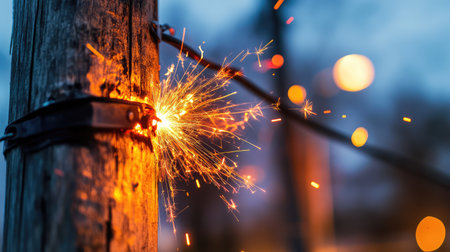 A vivid close-up of sparks flying from an electric wire against a wooden pole during dusk. This image captures the dynamic movement and energy emitted, highlighting the beauty and danger associated with electrical connections in nature.の素材