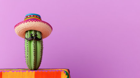 This whimsical image features a cute cactus adorned with a sombrero and mustache against a vibrant purple backdrop, ideal for festive themes and cheerful dの素材