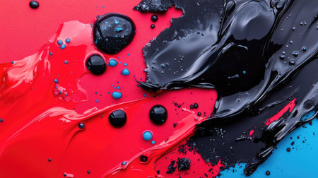 This dynamic abstract artwork features vibrant red, striking black, and deep blue paint flowing across a canvas, showcasing the beauty of color and texture.の素材