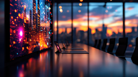 A modern office conference room featuring sleek laptops and a vibrant cityscape display, framed by a breathtaking sunset seen through glass windows.の素材