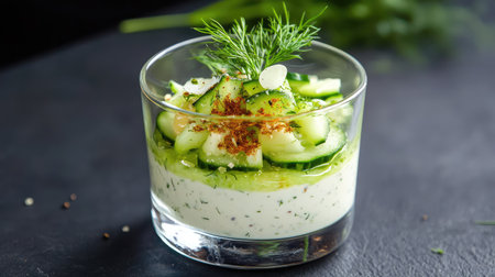 A delightful serving of fresh cucumber salad featuring creamy dill dressing and a sprinkle of spices, perfect for a light summer meal or appetizer.の素材
