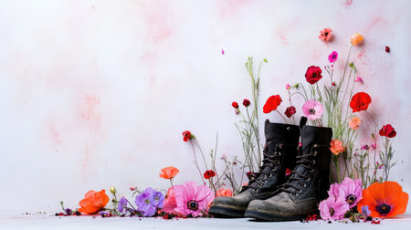 A pair of well-worn rustic boots is adorned with an array of vibrant flowers on a soft pastel background, embodying natureの素材