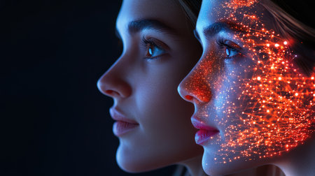 This captivating portrait features a young woman showcasing a stunning digital overlay that blends beauty with technology, highlighting innovation and connection.の素材