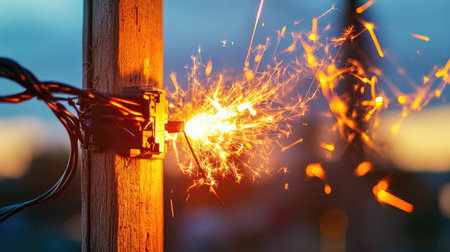 This close-up image captures an electric spark igniting from a power connector attached to a wooden post during sunset, illustrating the energy and danger of electrical connections.の素材