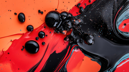 This vibrant abstract artwork showcases dynamic patterns of red, black, and orange hues blending together, creating an eye-catching and modern design ideal for various creative projects.の素材