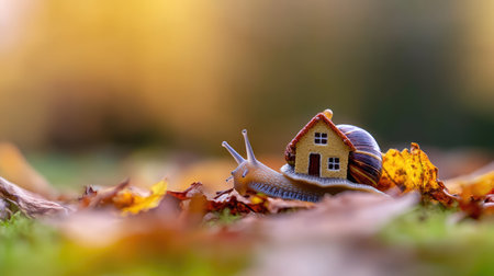 A whimsical scene featuring a snail carrying a tiny house, surrounded by vibrant autumn leaves. This imaginative composition captures nature's charm beautifully.の素材