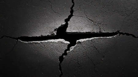 A striking close-up image capturing a jagged crack in a dark asphalt surface, showcasing textures and shadows that enhance the monochrome aesthetic.の素材