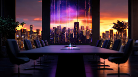 A modern conference room showcases an impressive city skyline at sunset, blending luxurious design with a futuristic atmosphere for impactful meetings.の素材
