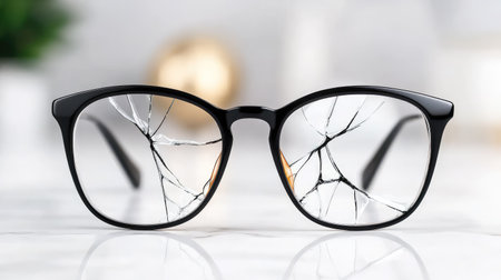 A striking image of broken glasses featuring cracked lenses, set against a white surface in a modern interior. This photo captures the essence of damage and loss, evoking emotions related to vision and care. Perfect for campaigns focusing on safety, repair, and lifestyle topics.の素材