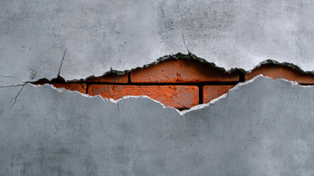 This image features a cracked concrete wall revealing a vibrant orange brick background, providing an intriguing contrast and texture ideal for creative design projects.の素材